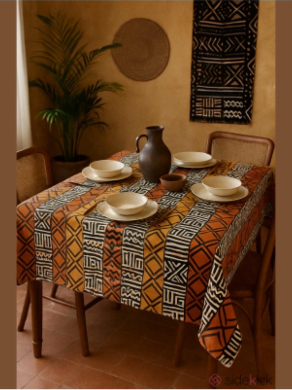 VTG WEST AFRICAN COTTON TRIBAL PRINT MUD CLOTH RUST MUSTARD BLACK CREAM 55”x78”